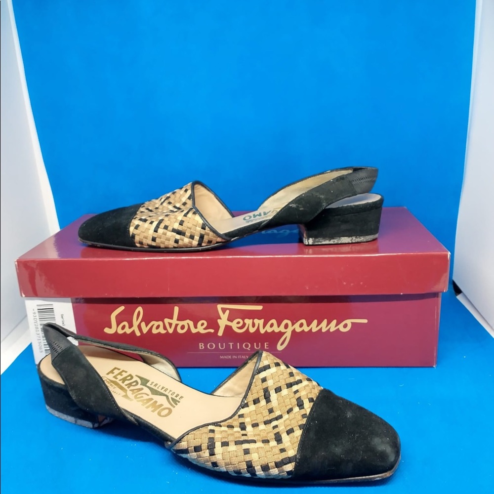 ⭐️ S🔥 👡 Salvatore Ferragamo Black and beige brown suede DK6286 6B sling back 👠